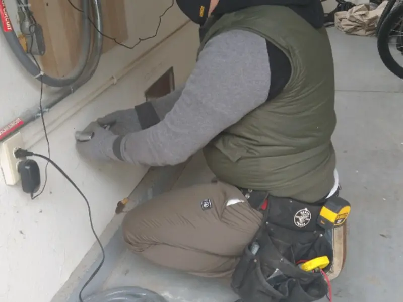 Electrician performing outlet wiring in a Pea Ridge garage
